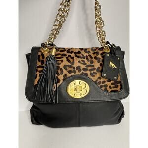 Emma Fox Black w/ Leopard Print Leather Shoulder Bag- Chain Straps -logo tag